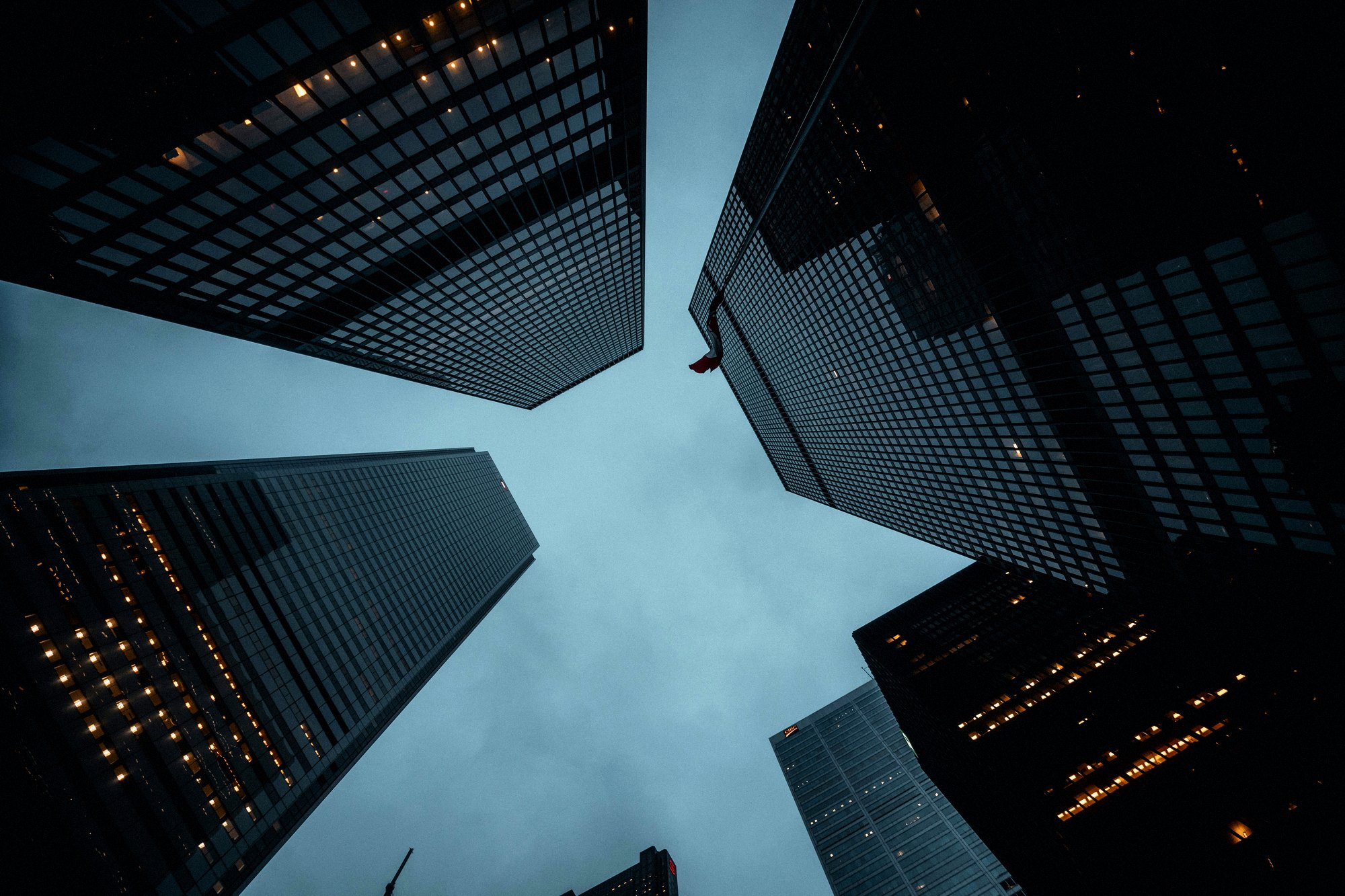Skyscrapers rising around an open sky