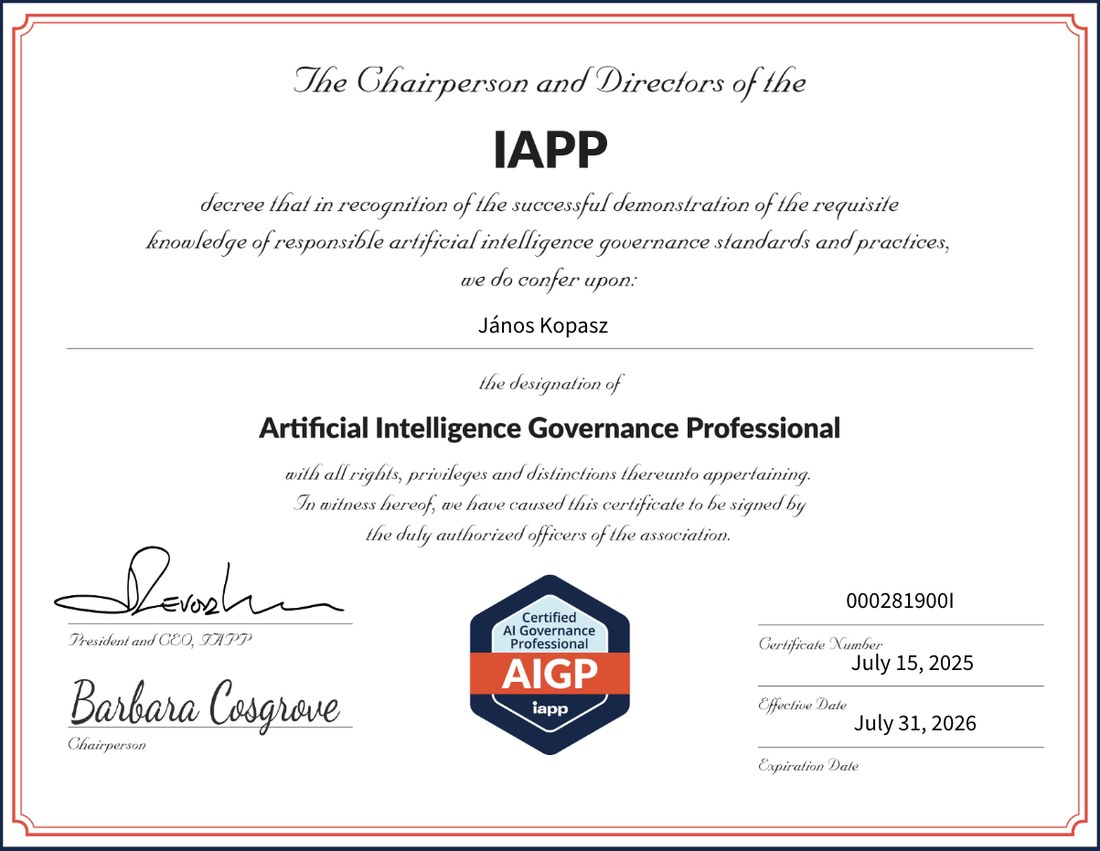 AIGP certificate issued by the IAPP to János Kopasz