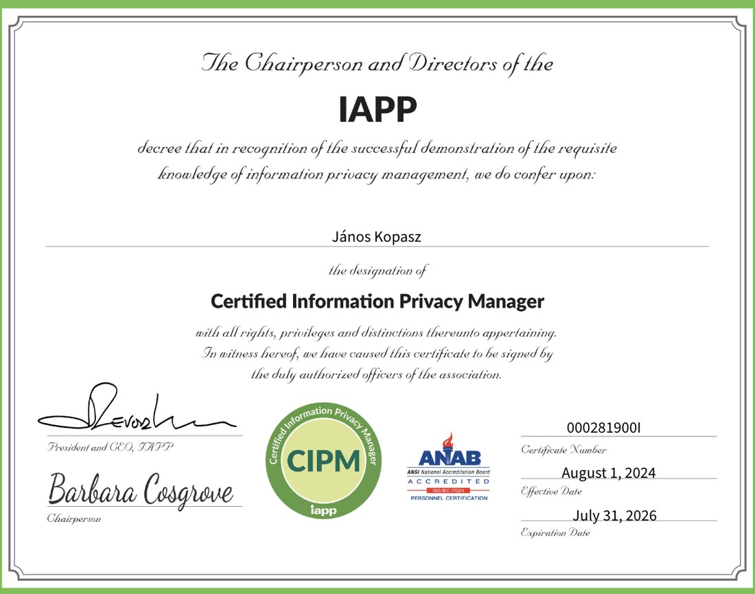 CIPM certificate issued by the IAPP to János Kopasz