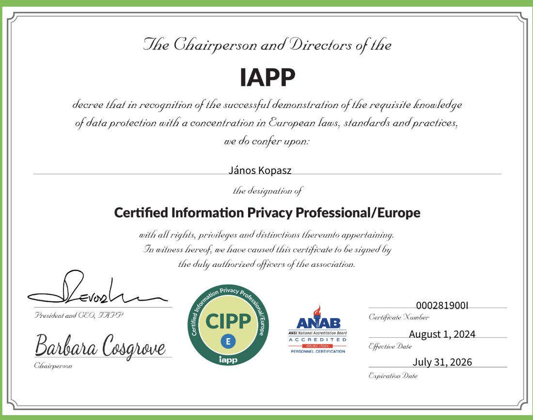 CIPP/E certificate issued by the IAPP to János Kopasz