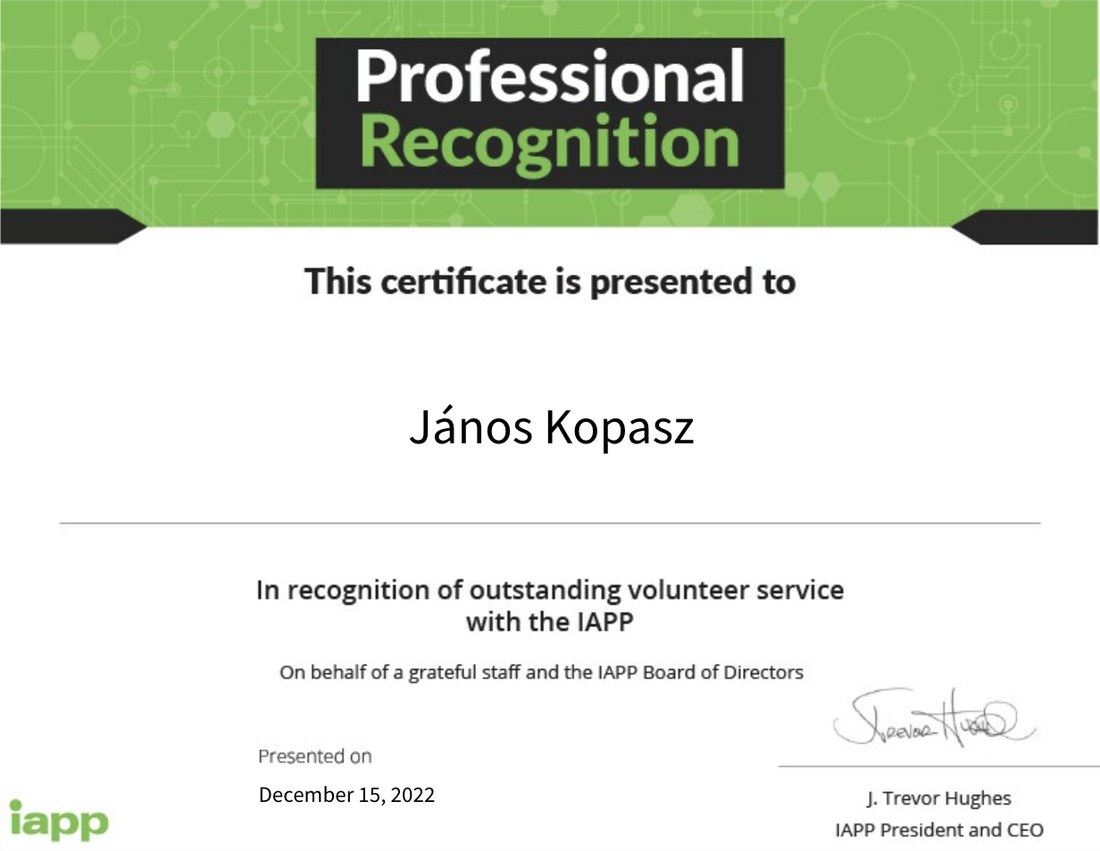 IAPP Volunteer Leadership Recognition certificate