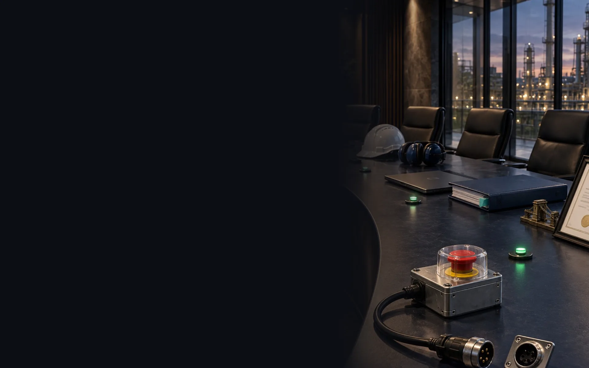 A boardroom table at dusk: a red emergency stop button, a hard hat and ear defenders, an industrial plant lit up beyond the windows